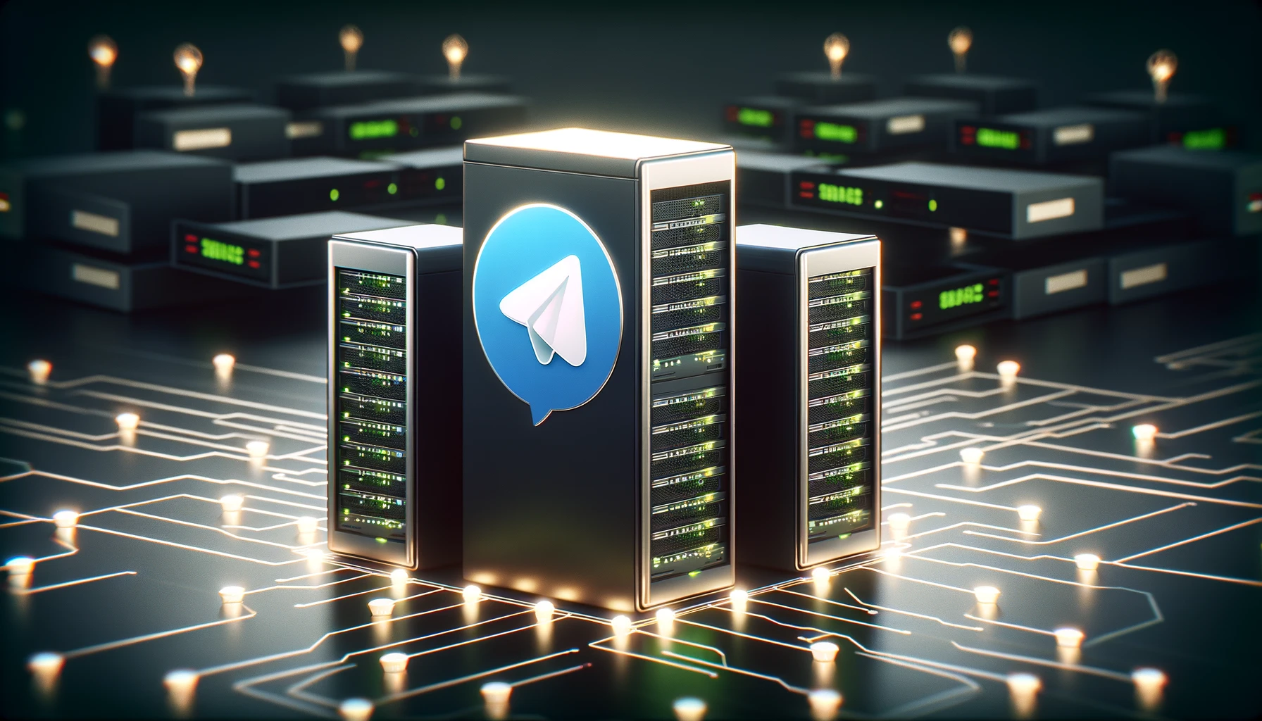 DALL·E 2024-02-18 19.58.36 - Create an image featuring the Telegram logo at the center, with multiple servers surrounding it, in a 16_9 aspect ratio. The servers should look moder